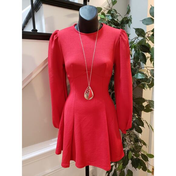 Boohoo Skater Dress Women's 4 Red Bust Detail Blouson Sleeve Crew Neck Pullover - Picture 10 of 13